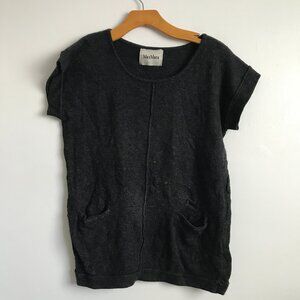 MaxMara Black Gray Knit Tunic Shirt Pockets Short Sleeve Pullover Womens Medium